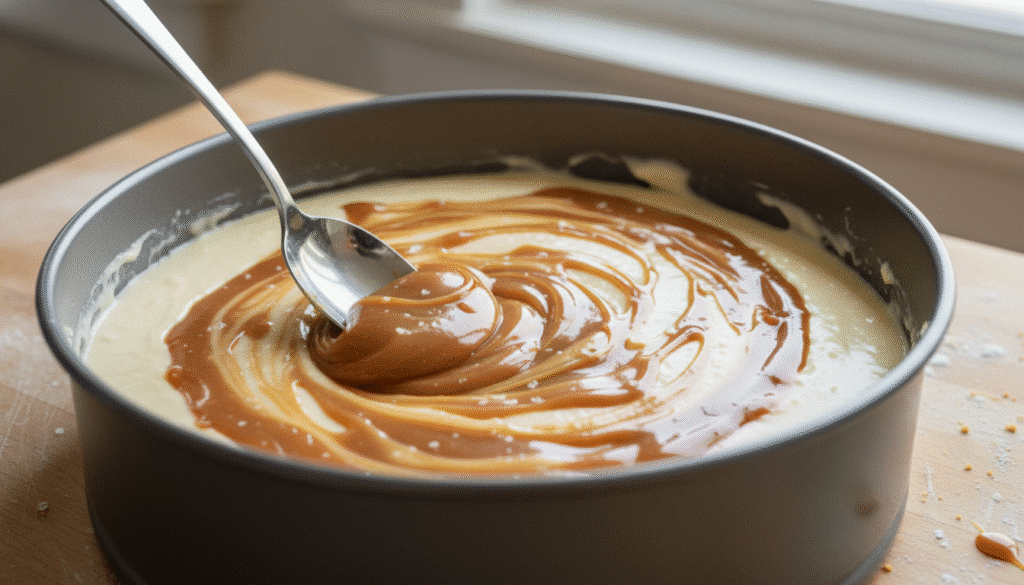 Mixing caramel into cheesecake batter with a spoon in a cake pan, creating a swirled pattern.