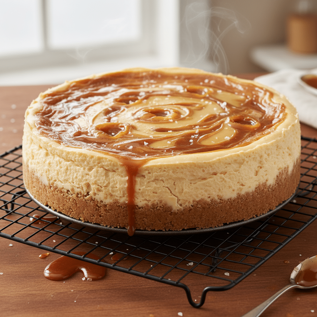 Creamy caramel cheesecake cooling on a rack with a crumbly graham crust and drizzled caramel sauce.