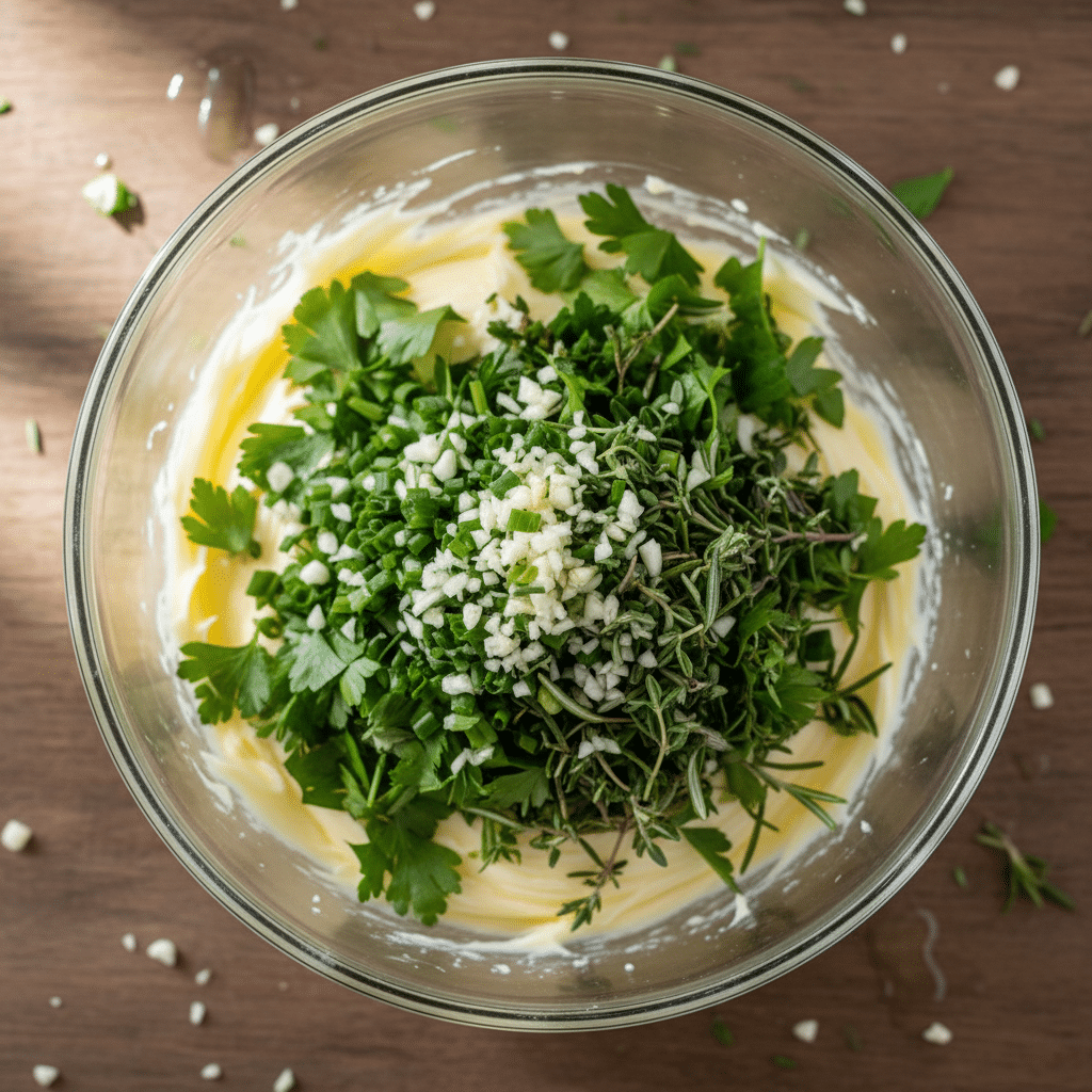 image - Homemade Garlic Herb Butter: Easy Recipe Bowl of fresh chopped herbs and garlic on creamy butter, ready for mixing on a wooden surface.
