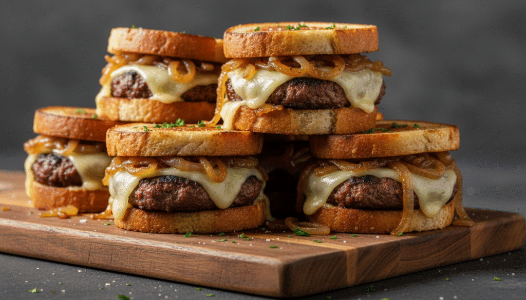 Cheesy burger sliders with caramelized onions stacked on toasted bread, garnished with herbs on a wooden board.