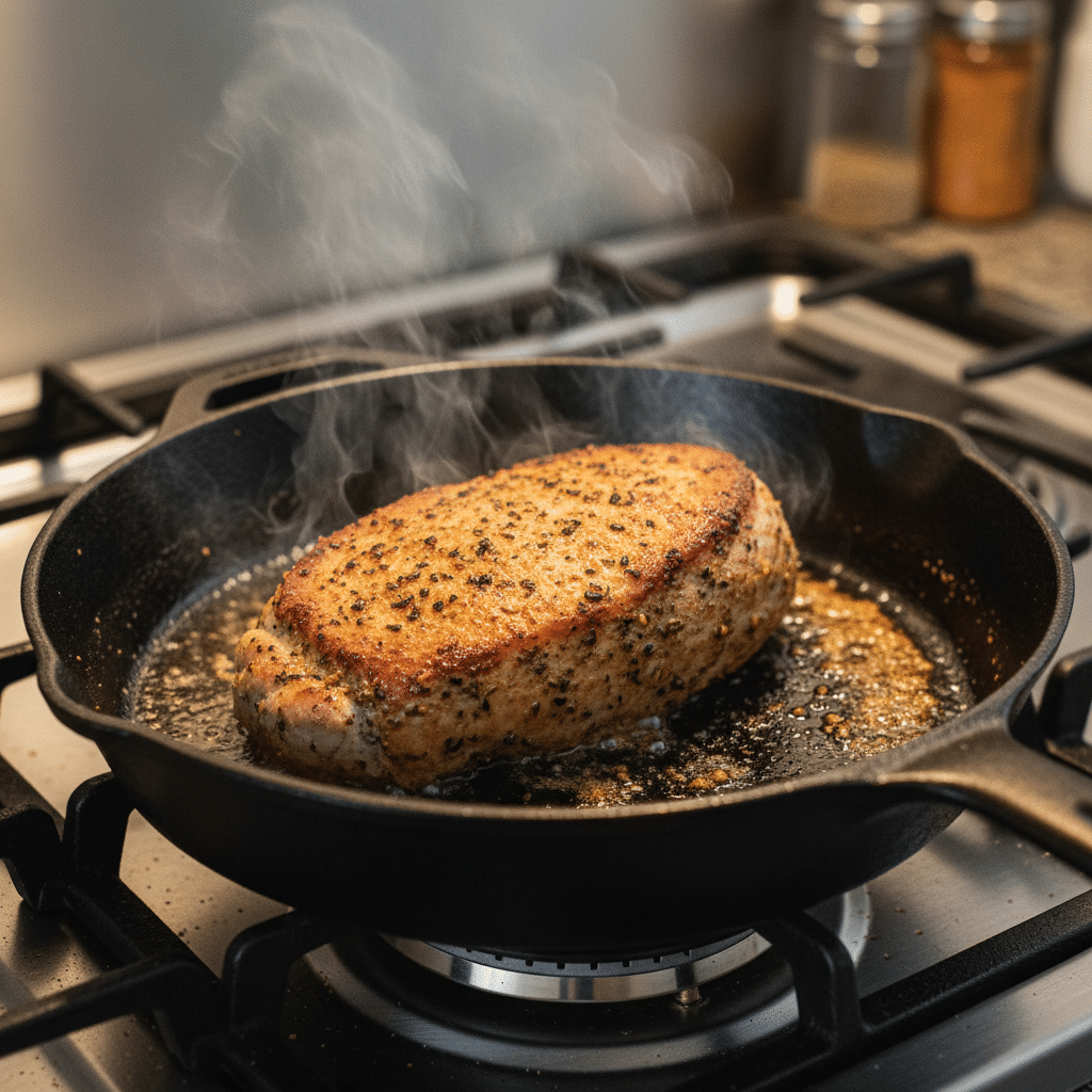 Seared seasoned steak sizzling in a cast iron skillet on a stovetop, releasing aromatic steam.