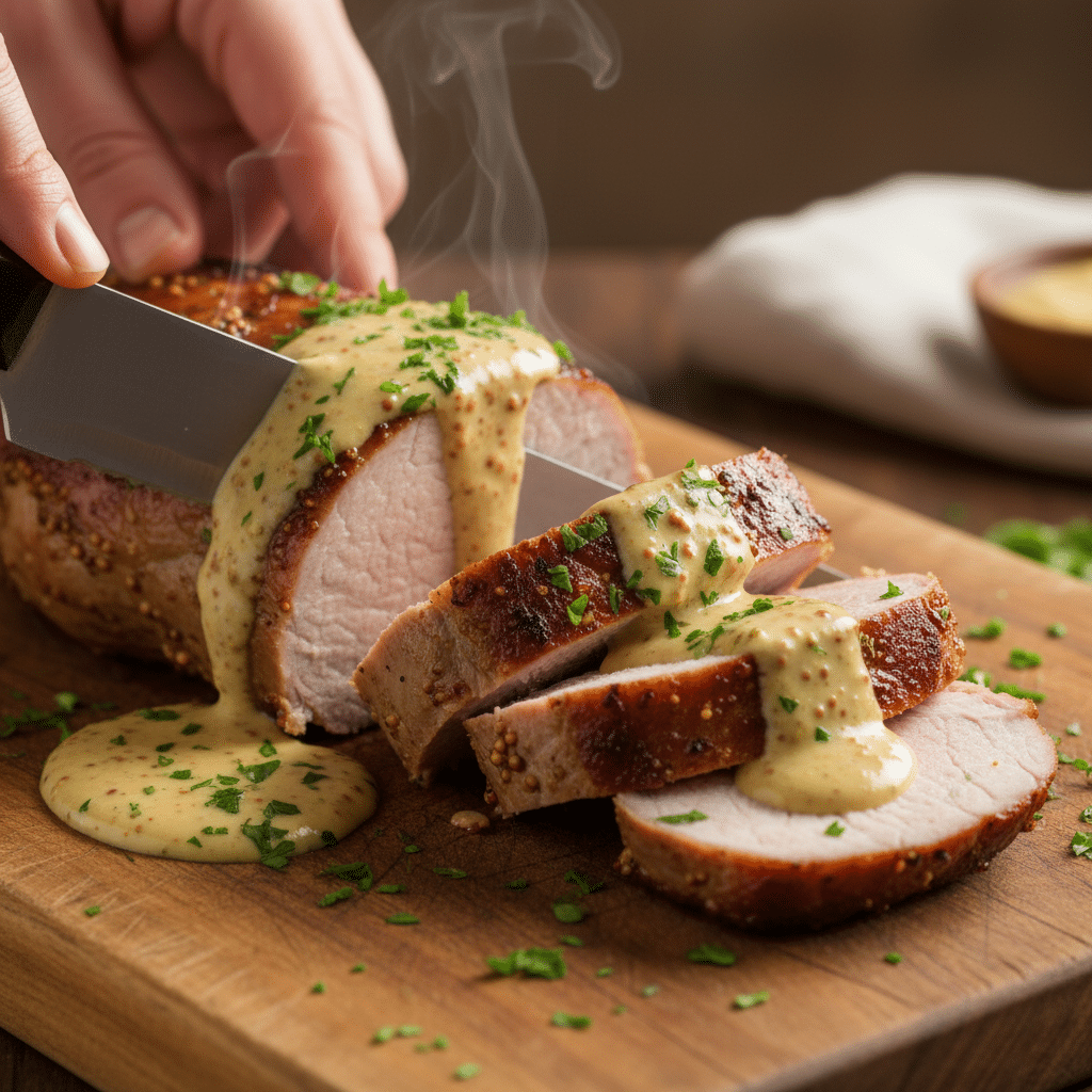 Sliced roasted pork tenderloin with creamy mustard sauce and parsley on a wooden cutting board, freshly served.