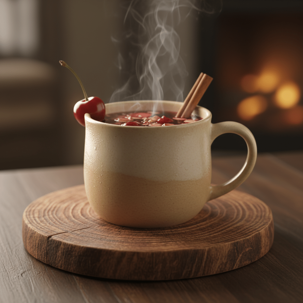 image - Cozy Cherry Almond Mocktail | Perfect for Any Season Hot mulled wine in ceramic mug with cinnamon stick and cherry garnish, on wooden coaster, by a cozy fireplace.