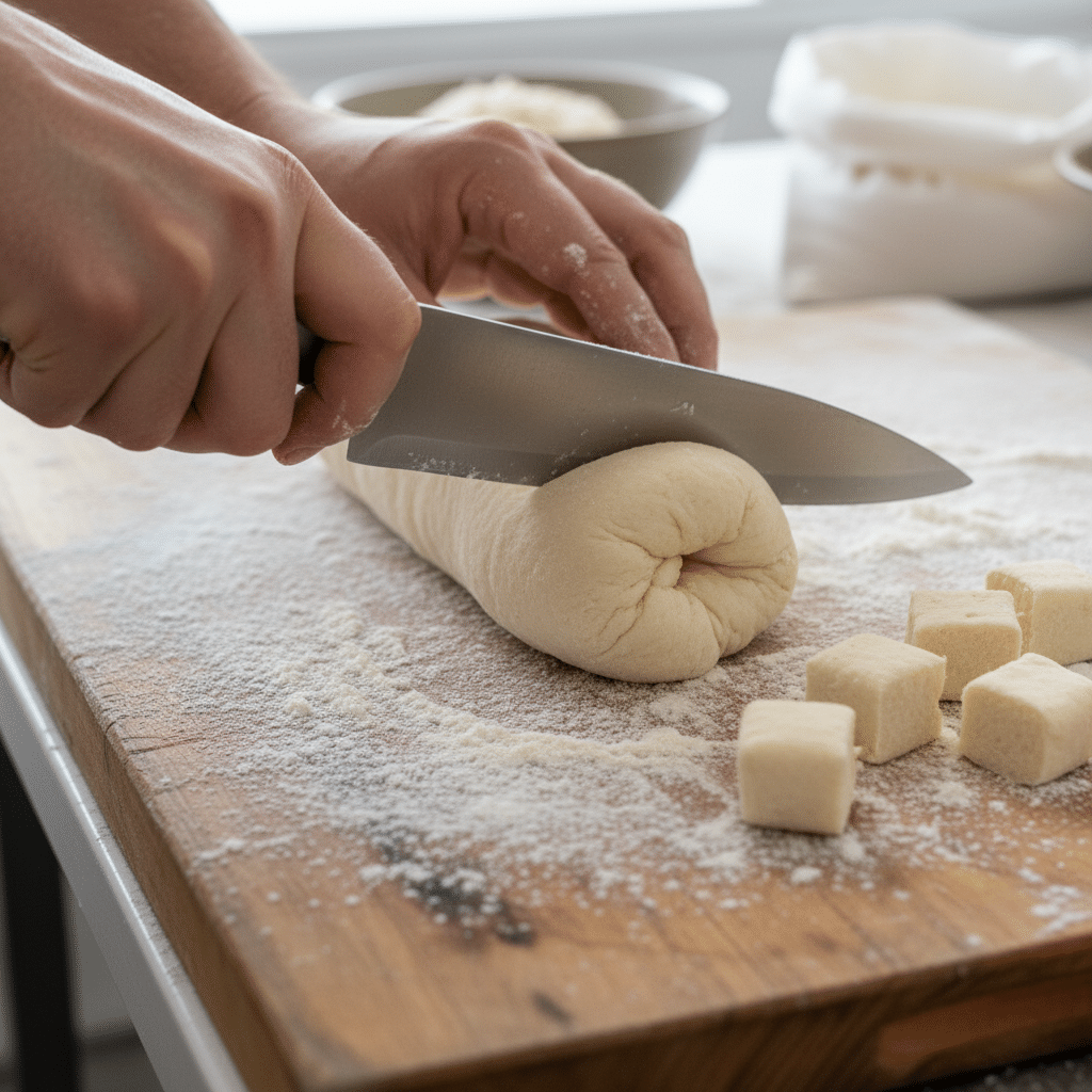 image - Garlic Parmesan Pull-Apart Rolls Recipe Person slicing dough on a floured wooden board, preparing for baking.