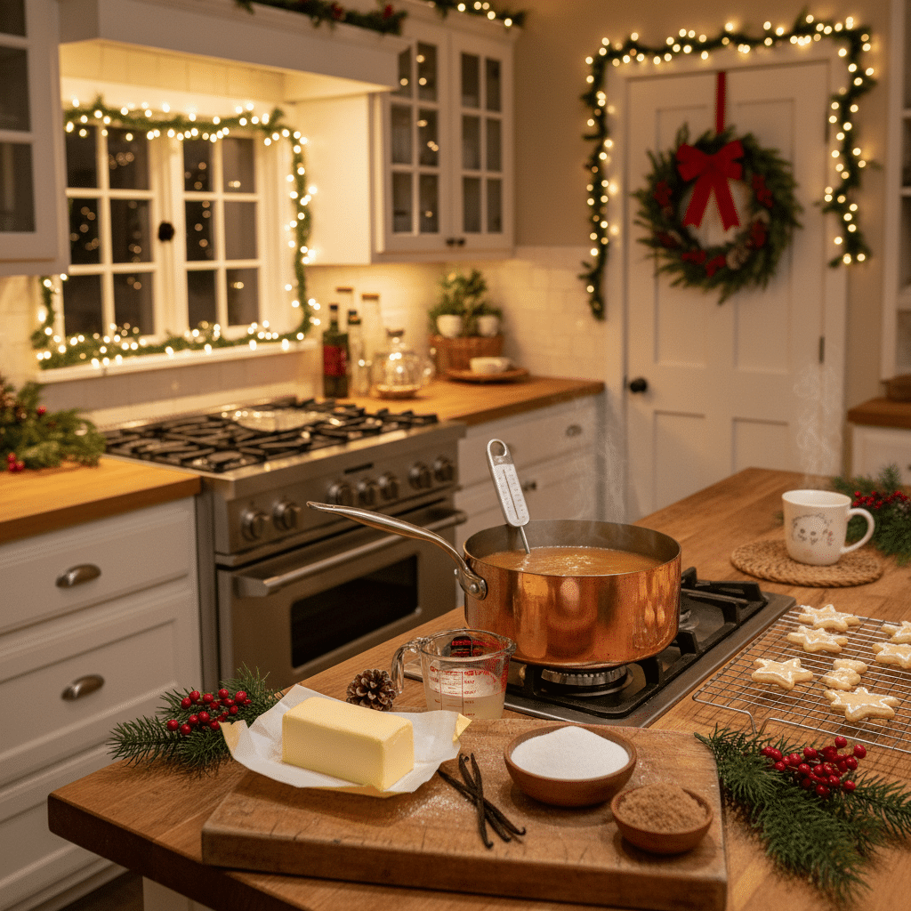image - Classic Christmas Toffee Recipe: Buttery & Crunchy! Cozy Christmas kitchen with festive decor, cookies baking, and simmering sauce in a copper pot on a wooden countertop.