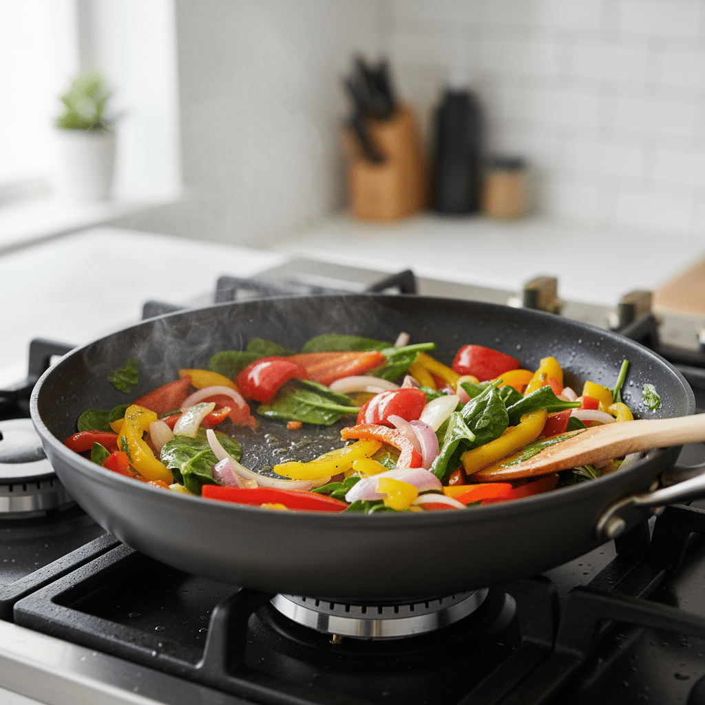 image - Healthy Veggie & Avocado Omelet Recipe - Chief Stories Colorful vegetables sautéing in a pan on a stove, featuring peppers, onions, and spinach.