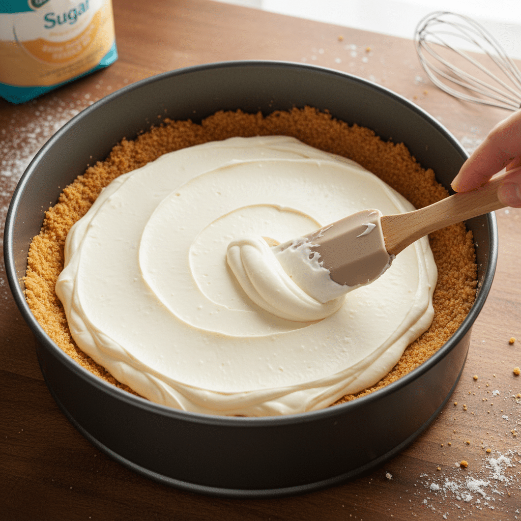 Spreading creamy cheesecake filling over a crumbly graham cracker crust in a springform pan.