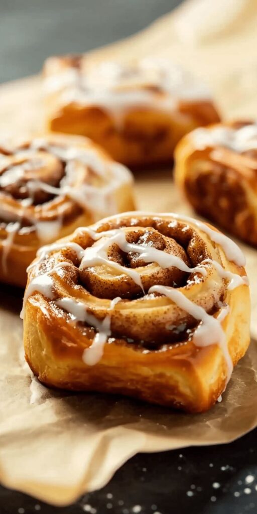 Freshly baked cinnamon rolls drizzled with icing, placed on parchment paper. Perfect for breakfast treats.