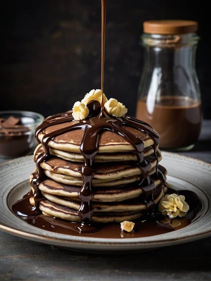 Stack of pancakes drizzled with chocolate sauce, topped with flowers, next to a jar of chocolate syrup.
