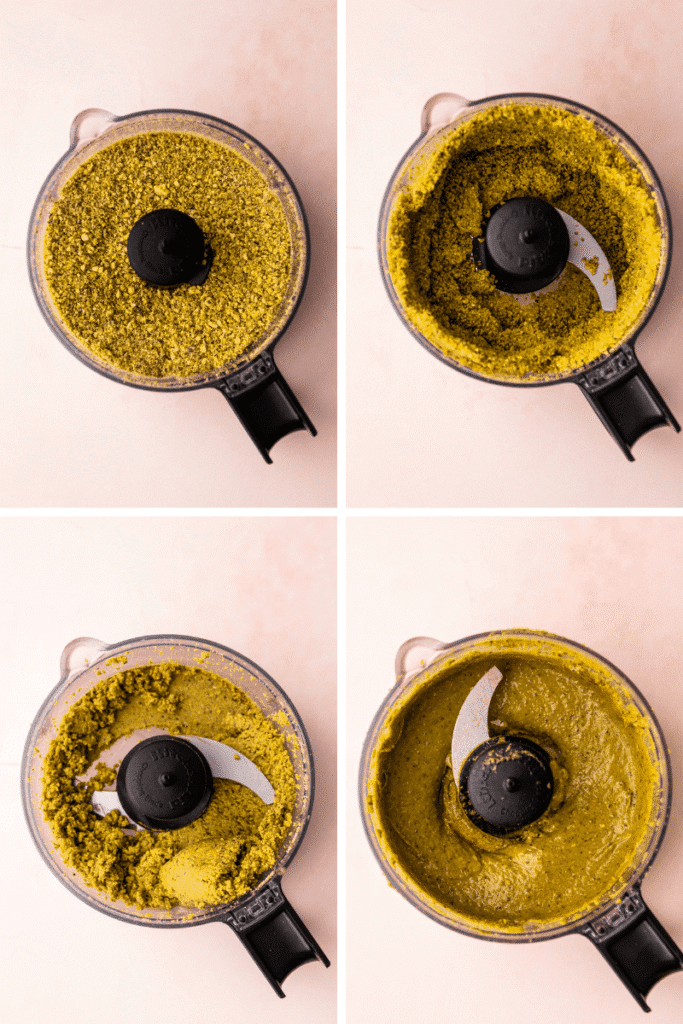 0001-43063534095_png - Delicious Pistachio Pie Ideas for Parties and Holidays Four stages of making pistachio butter in a food processor on a light background.