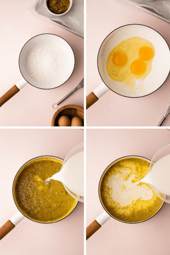 0001-43063566370_png - Delicious Pistachio Pie Ideas for Parties and Holidays Step-by-step cake batter preparation with flour, eggs, and milk in a bowl on a pink background.