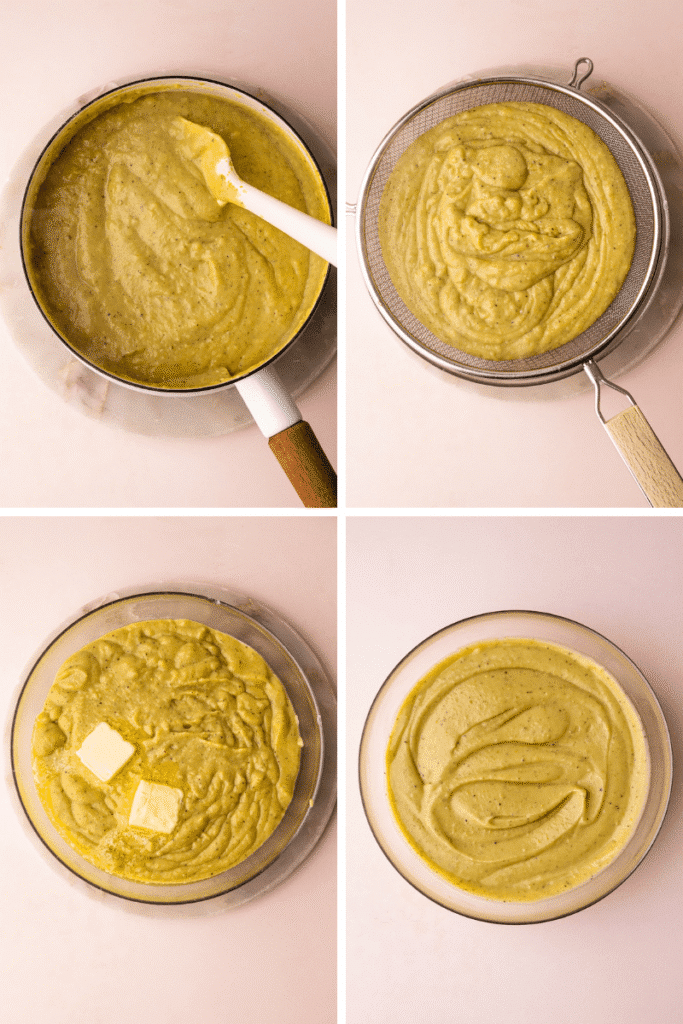 0001-600057474_png - Delicious Pistachio Pie Ideas for Parties and Holidays Making creamy pistachio paste step-by-step: cooking, straining, adding butter, and finished smooth paste in a bowl.