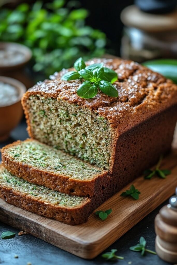 18 Amazing Zucchini Breads - Versatile Zucchini Bread Recipe: Nutty, Chocolate, or Spiced Homemade zucchini bread with fresh basil garnish, sliced on wooden board, perfect for healthy snacking.