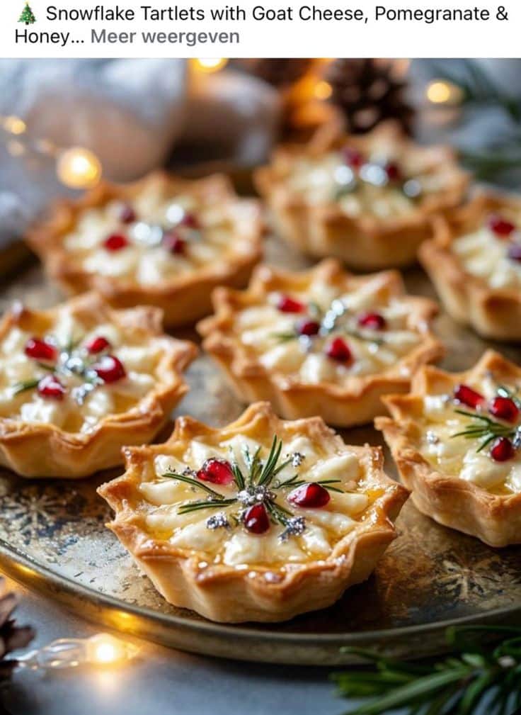 _ - 2025-12-11T162134675 - Delightful Snowflake Tartlets with Goat Cheese & Pomegranate Holiday snowflake tartlets with goat cheese, pomegranate seeds, and rosemary garnish on a decorative platter.