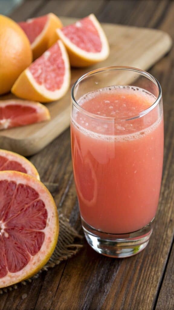 _ - 2025-12-24T233254101 - Festive & Easy: Master the Perfect Pomegranate Paloma Glass of fresh grapefruit juice on a wooden table with sliced grapefruits.