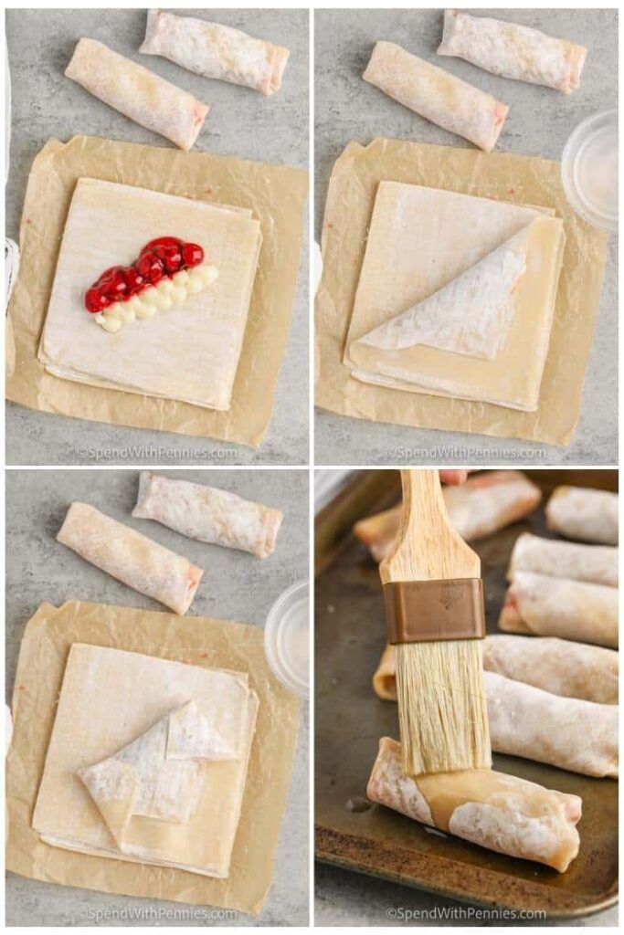 Step-by-step guide to making cherry cheesecake egg rolls with pastry sheets and a brush for glazing.