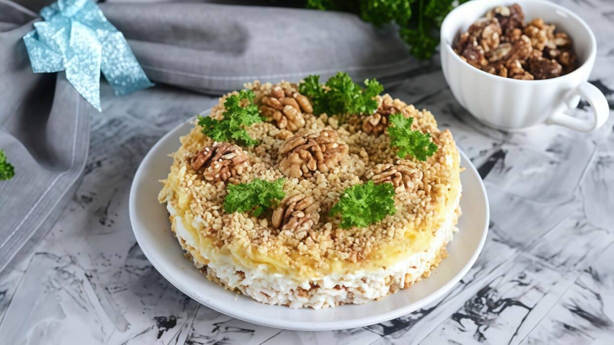 Airbrush-IMAGE-ENHANCER-1767109378469-1767109378469 - Make Delicious Chicken Salad with Walnuts & Cheese in Minutes Layered salad with walnuts and parsley garnishing, served on a plate. Elegant culinary presentation.