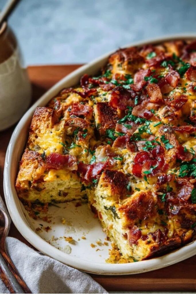 Bacon Cheddar Breakfast Strata_ A Savory Morning Must-Have - Easy Christmas Breakfast Recipes for Joyful Mornings Cheesy bacon breakfast casserole garnished with herbs in a white dish, with a serving removed.