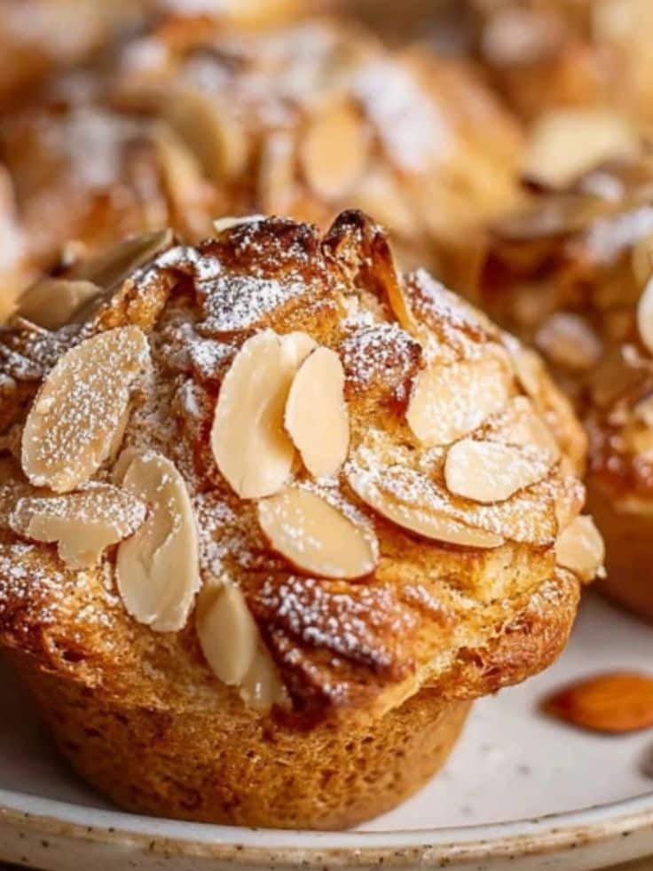 Bakery-Style Vegan Almond Muffins with Frangipane Filling - Discover the Joy of Homemade Almond Poppyseed Muffins Today Close-up of a freshly baked almond muffin topped with sliced almonds and powdered sugar on a white plate.