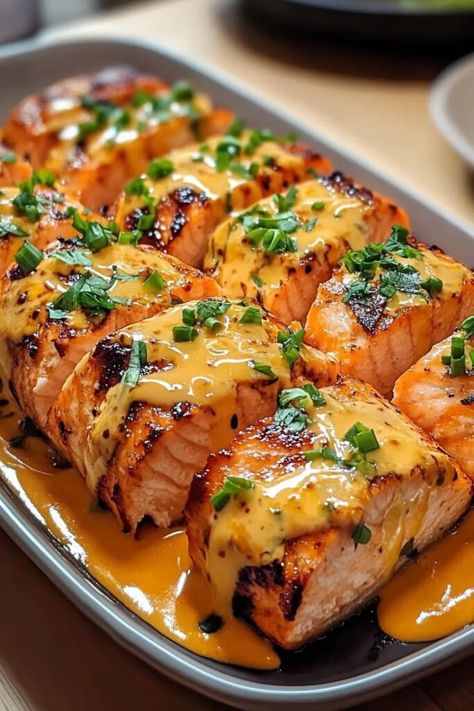 Bang Bang Salmon Made Perfect in Just 15 Minutes - Bang Bang Salmon Recipe - Easy & Flavorful Fish Grilled salmon topped with creamy sauce and herbs on a platter, perfect for a gourmet seafood dinner.