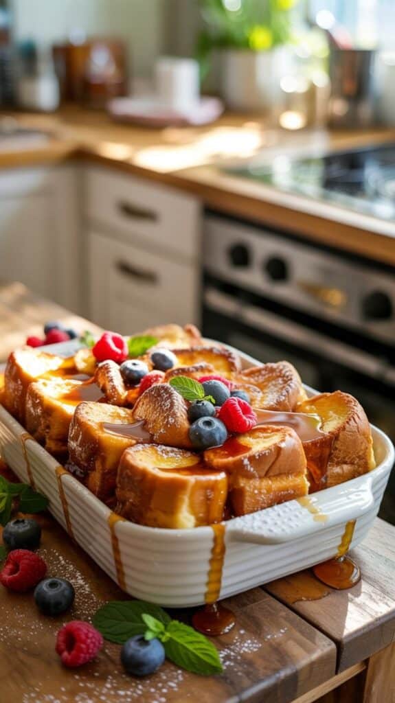 Best Baked French Toast Recipe for a Cozy Morning - Easy Christmas Breakfast Recipes for Joyful Mornings French toast with syrup, garnished with raspberries and blueberries on a table in a sunny kitchen.