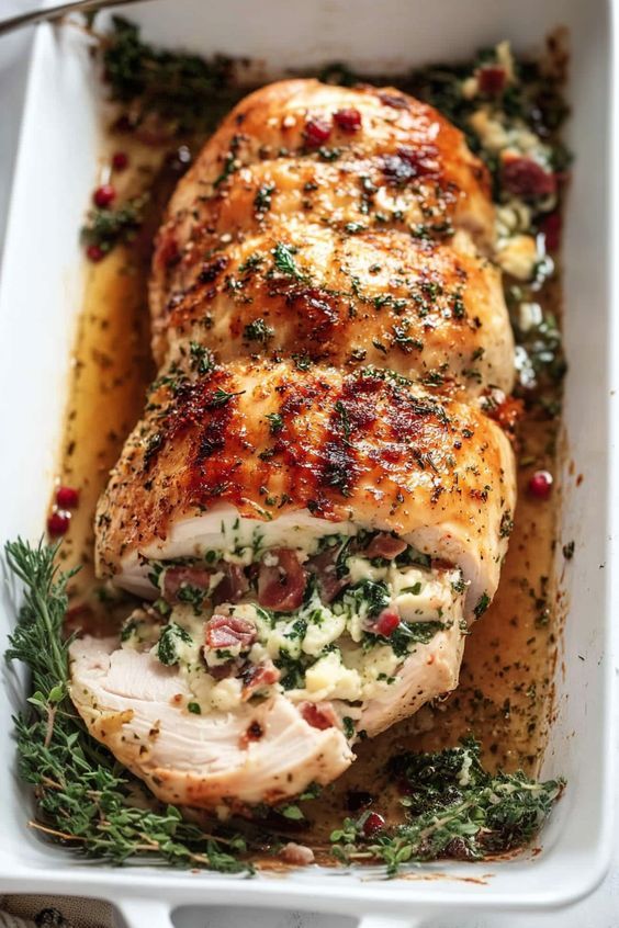 Stuffed chicken breast with spinach, cheese, and herbs in a white baking dish, garnished with fresh thyme.