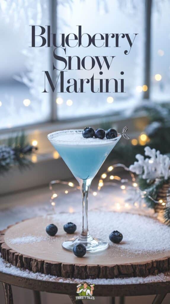 Blueberry Snow Martini Cocktail Recipe - Blueberry Snow Martini: Cozy Winter Cocktail Recipe Blueberry Snow Martini in a glass garnished with blueberries, set on a snowy wooden table with festive lights.