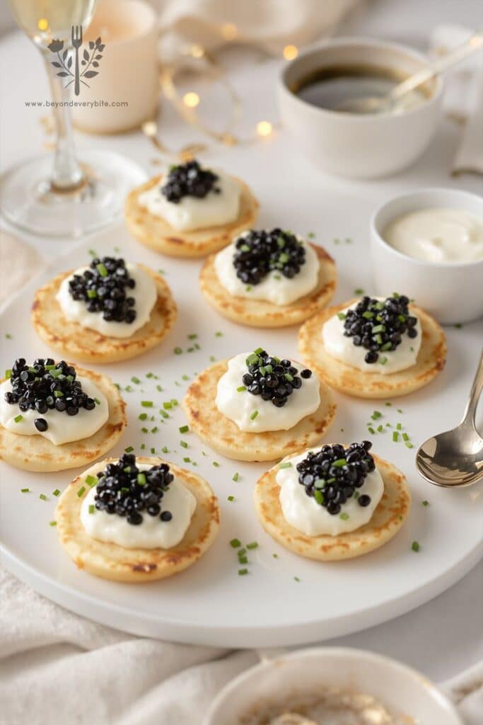Caviar Crème Fraîche Blinis _ Elegant Party Appetize - Elegant Caviar Party Bites for New Year's Eve Mini pancakes topped with sour cream and caviar, garnished with chives, served on a white platter with a festive setup.Caviar Party Bites!