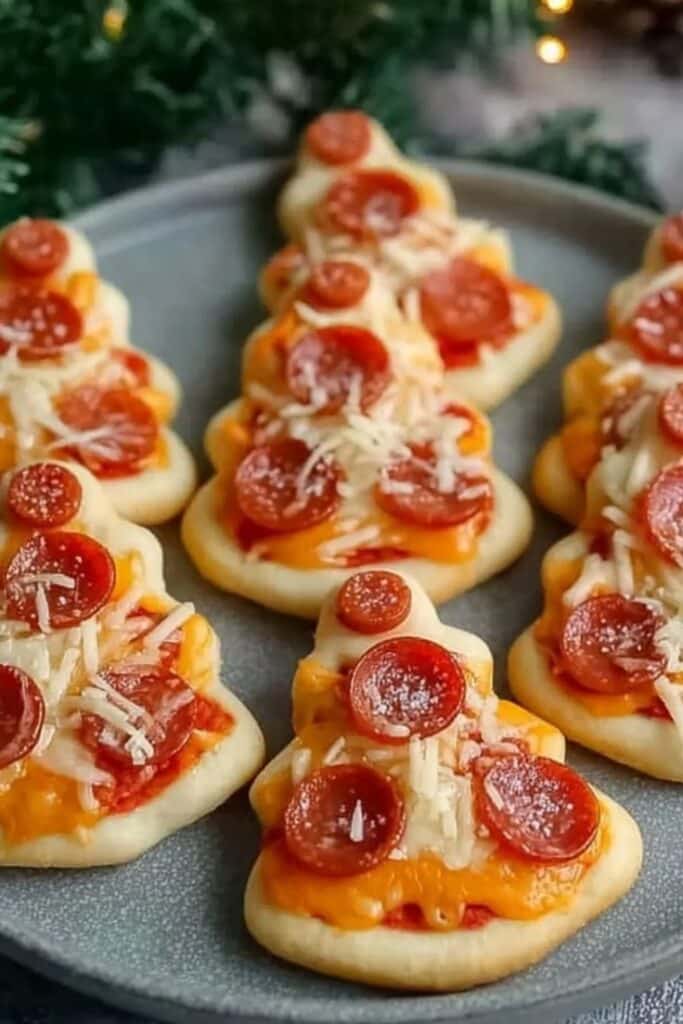 Christmas tree-shaped pizzas with pepperoni and cheese on a plate. Perfect festive appetizer idea.