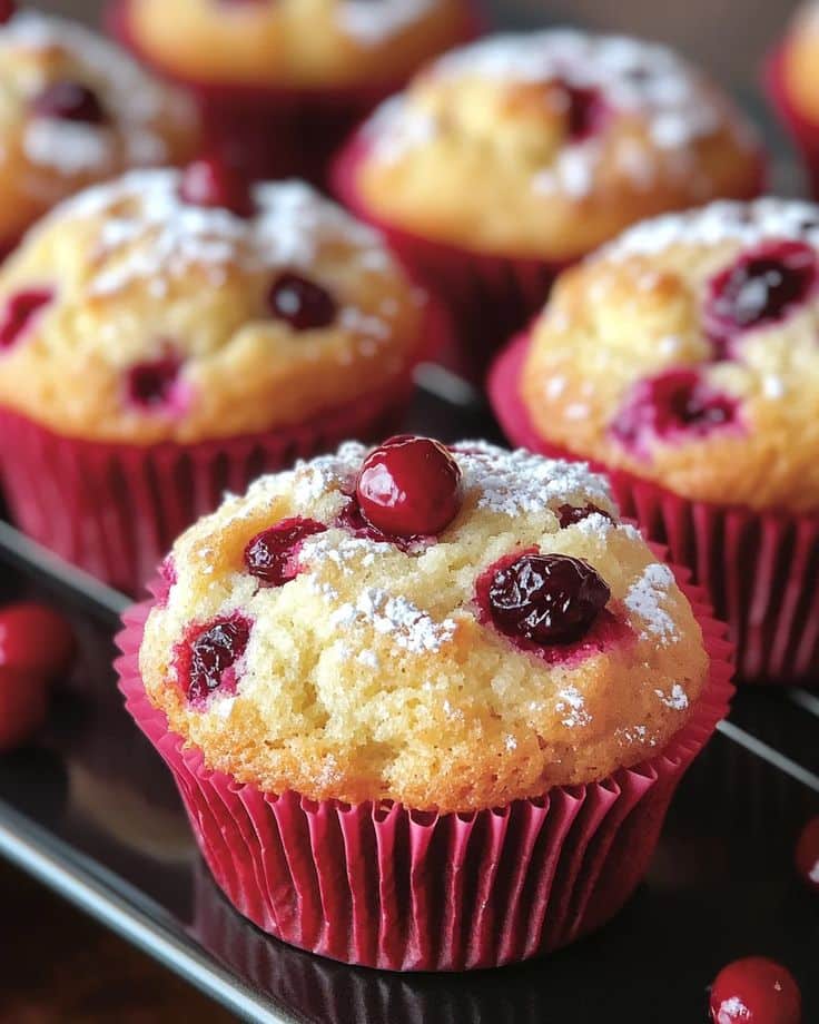 Cranberry Orange Muffins with Greek Yogurt Bright Tangy Perfectly Moist - Easy Christmas Breakfast Recipes for Joyful Mornings Homemade cranberry muffins with powdered sugar in red wrappers, perfect for a sweet treat or breakfast delight.