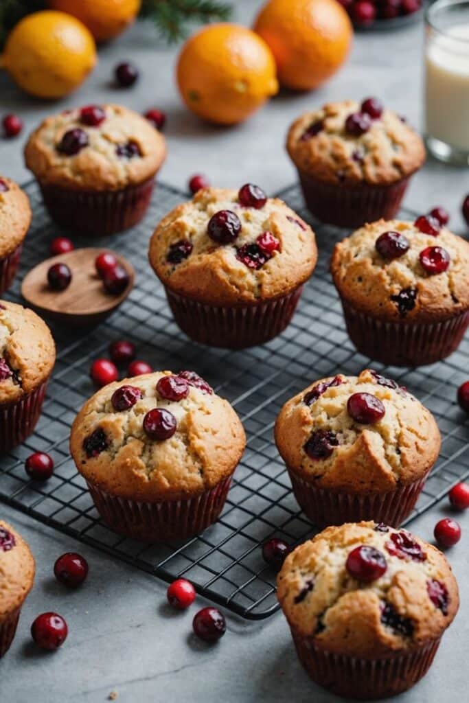 Cranberry Orange Muffins_ Festive Christmas Recipe Delight - Easy Christmas Breakfast Recipes for Joyful Mornings Freshly baked cranberry muffins on a cooling rack, surrounded by oranges and cranberries.