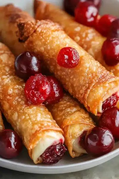 Crispy cannoli rolls with cherries on a plate, showcasing a delicious and tempting dessert.