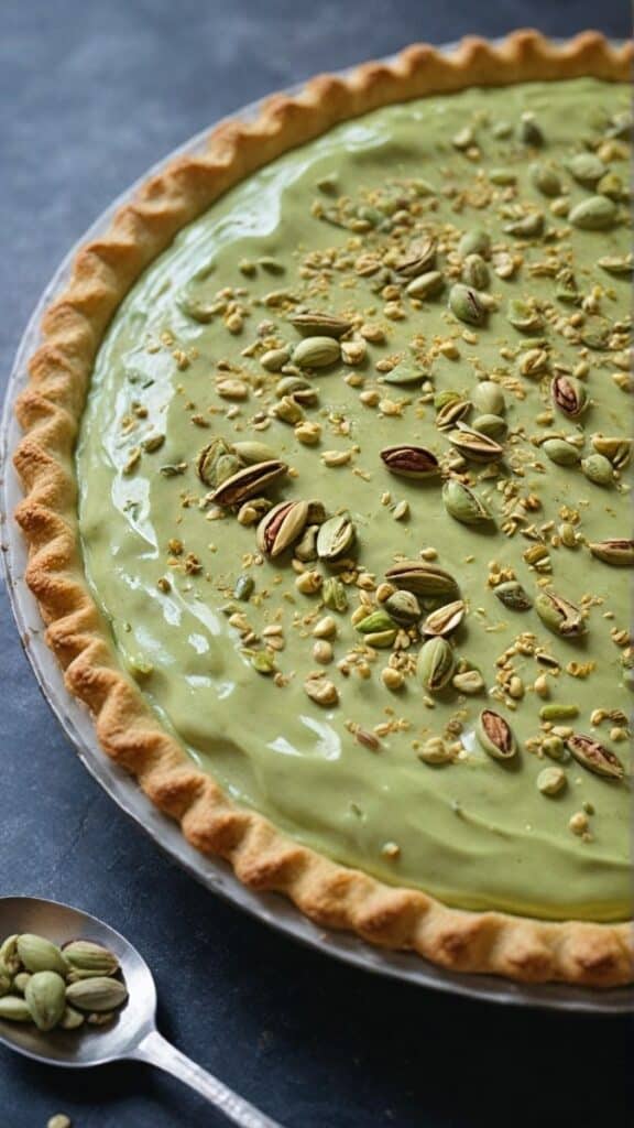 Creamy Pistachio Custard Pie - Delicious Pistachio Pie Ideas for Parties and Holidays Green pistachio pie with a flaky crust, garnished with whole pistachios on a gray surface.
