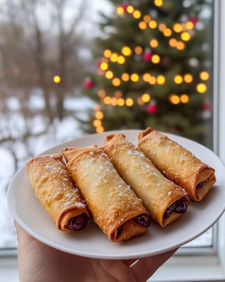 Plate of cherry-filled pastries dusted with sugar, held in front of a Christmas tree with glowing lights.