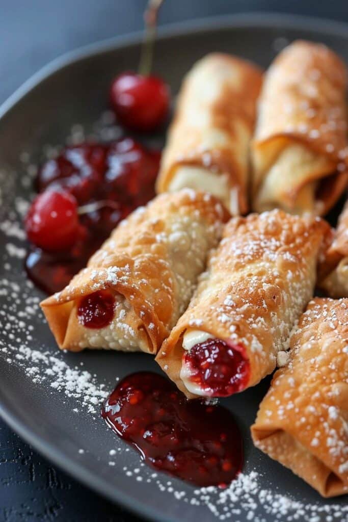 Crispy cherry and cream cheese dessert rolls dusted with powdered sugar on a plate.