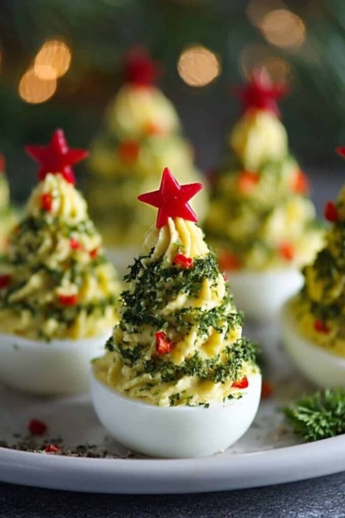 Deviled eggs decorated like Christmas trees with herbs and red stars on a festive plate. Elegant Egg Christmas Tree