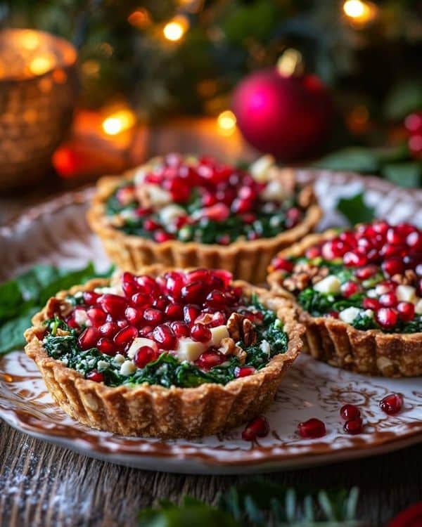 Doctor Barbara ONeill Lectures _ Festive Spinach Blue Cheese Tartlets with Pomegranate 🍇✨ _ Facebook - Delightful Snowflake Tartlets with Goat Cheese & Pomegranate Festive tarts with greens and pomegranate seeds on a plate, surrounded by holiday lights and decor.