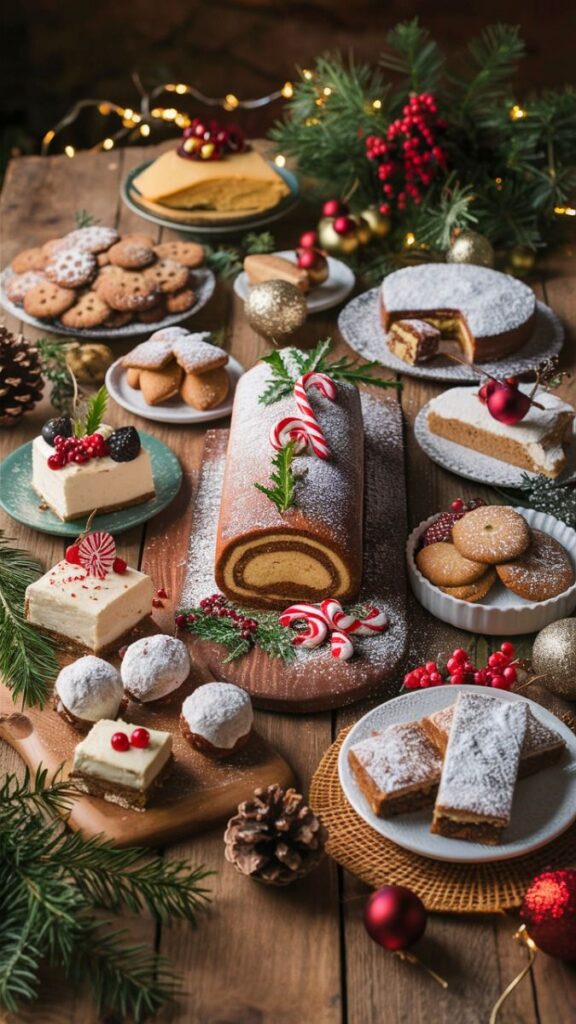 Easy Christmas Desserts You Can Make Ahead 🍪 - Easy Christmas Breakfast Recipes for Joyful Mornings Festive dessert spread with yule log, cakes, cookies, and holiday decorations on a rustic wooden table.