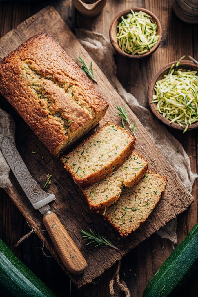 Easy Gluten Free Zucchini Bread Recipe Moist Delicious - Versatile Zucchini Bread Recipe: Nutty, Chocolate, or Spiced Freshly baked zucchini bread slices on a rustic wooden board with knife and shredded zucchini garnish.