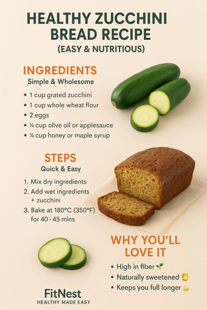 Easy Healthy Zucchini Bread Recipe 🍞 _ Quick Moist 2025 Baking Guide - Versatile Zucchini Bread Recipe: Nutty, Chocolate, or Spiced Healthy zucchini bread recipe infographic with ingredients and steps. Simple, wholesome, high fiber, naturally sweetened.