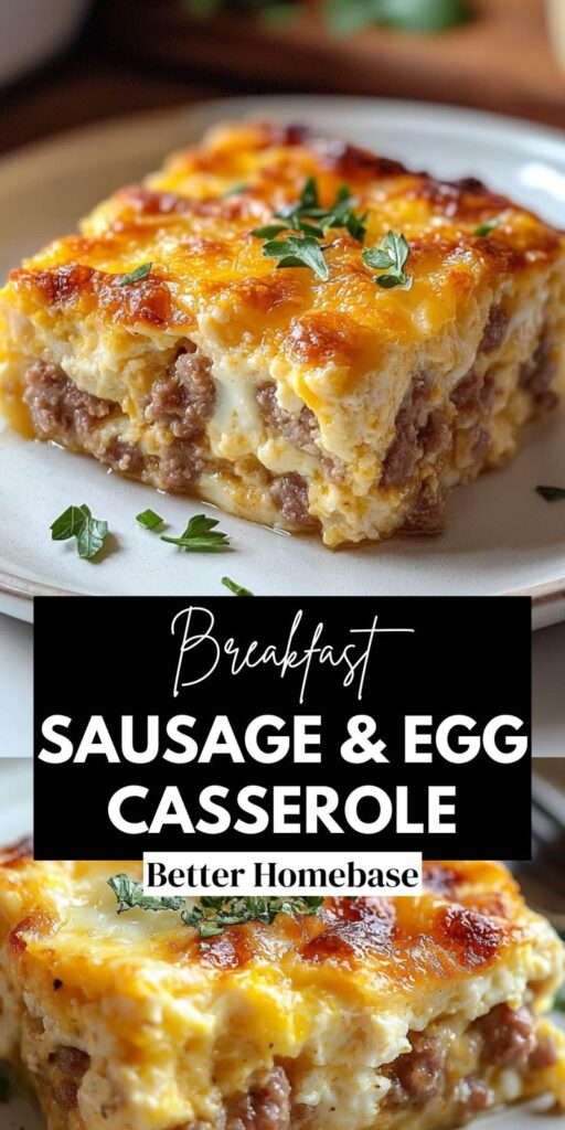 Easy Sausage and Egg Casserole - Easy Christmas Breakfast Recipes for Joyful Mornings Delicious breakfast sausage and egg casserole with cheese, served on a plate, garnished with herbs.