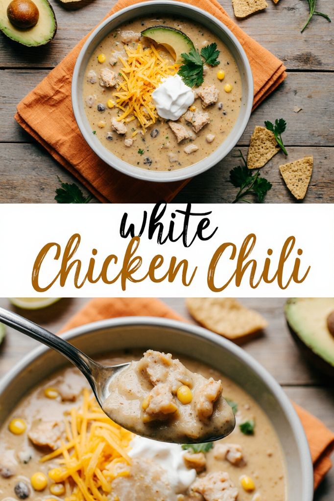 Easy White Chicken Chili Creamy Flavorful - Your Guide to Delicious White Chicken Chili with Easy Tips Bowl of delicious white chicken chili topped with cheese, sour cream, and avocado on a rustic table setting.