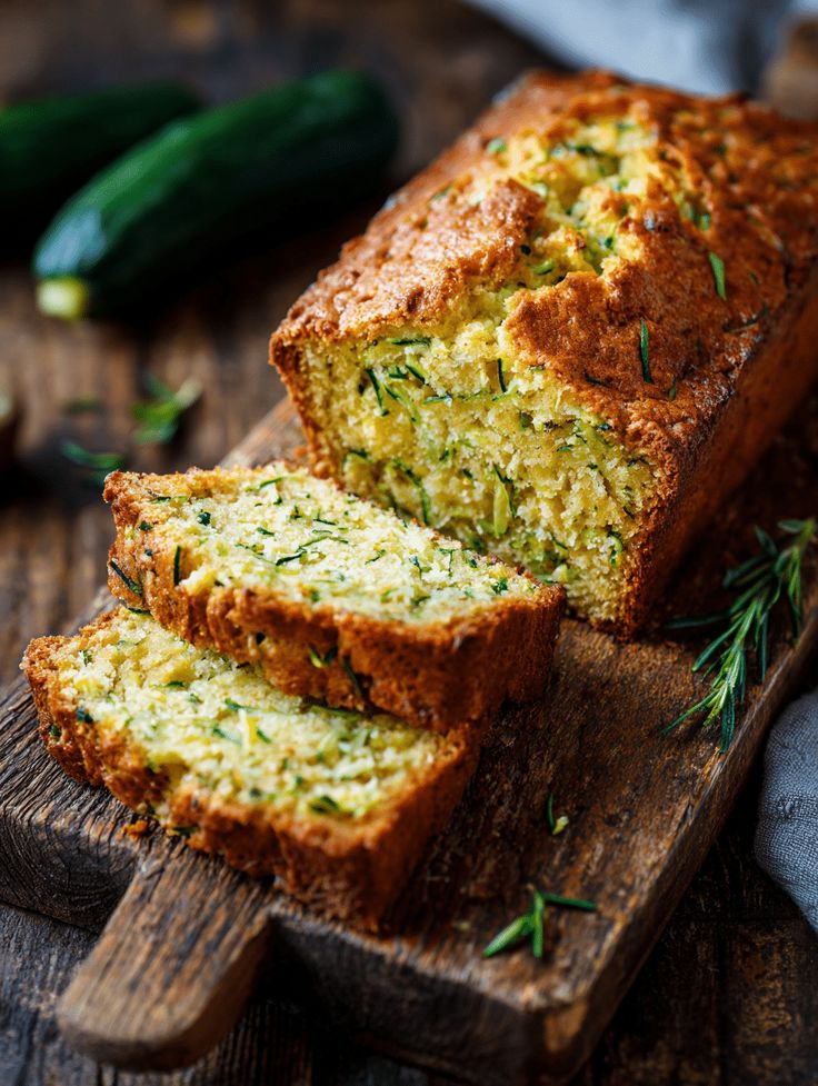 Easy Zucchini Bread Recipe _ 5 Secrets for Best Flavor - Versatile Zucchini Bread Recipe: Nutty, Chocolate, or Spiced Freshly baked zucchini bread with herbs on a wooden board, surrounded by whole zucchinis in the background.