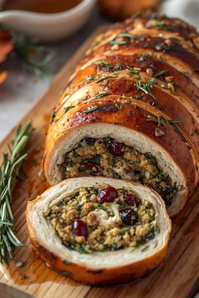 Stuffed turkey roll with rosemary and cranberries on a cutting board, ready for a festive meal. Festive Stuffed Turkey Breast