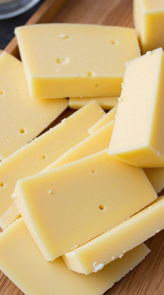 English cheese - Make Delicious Chicken Salad with Walnuts & Cheese in Minutes Sliced yellow cheese with holes on a wooden board, ready for serving or sandwiches.