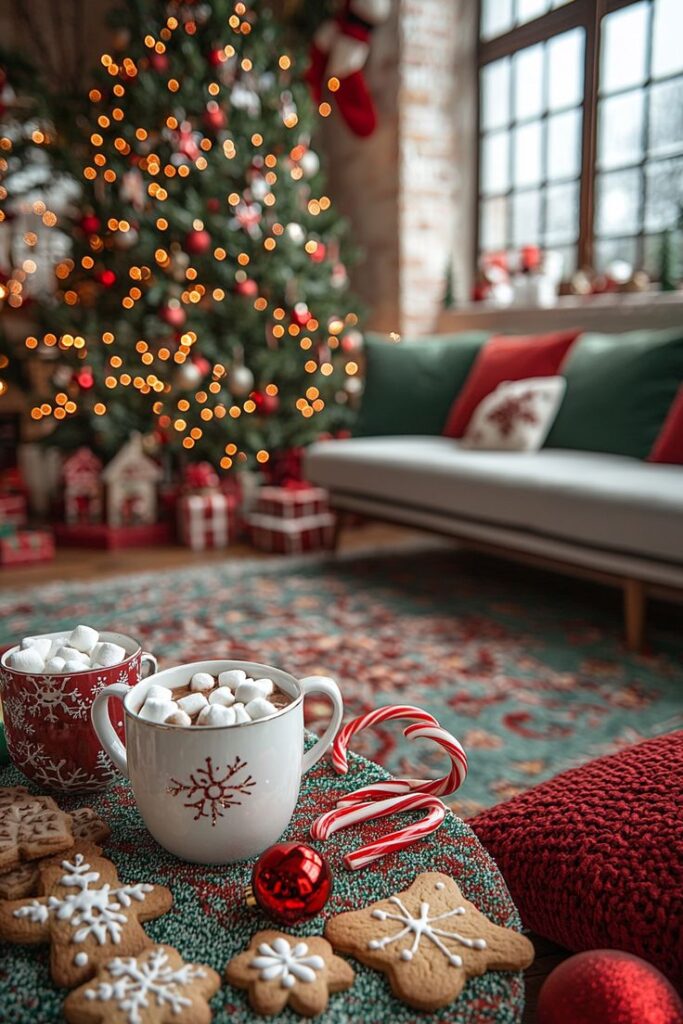 Festive Christmas Vibes Hot Cocoa and Gingerbread Inspiration - Easy Christmas Breakfast Recipes for Joyful Mornings Cozy Christmas scene with hot cocoa, marshmallows, cookies, and a decorated tree in a festive living room.