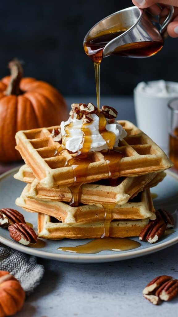 Fluffy Pumpkin Spice Waffles Youll Want Every Morning - Easy Christmas Breakfast Recipes for Joyful Mornings Pouring syrup over pumpkin waffles topped with whipped cream and pecans, with a pumpkin in the background.