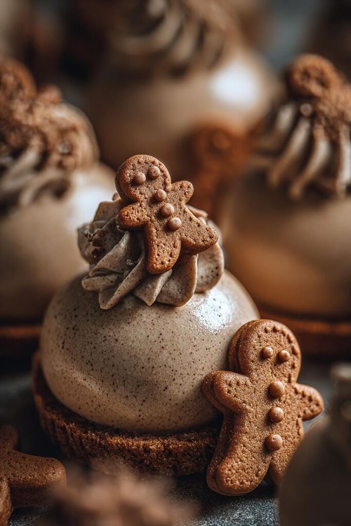 Gingerbread Latte Mousse Domes Recipe Instant Download - Gingerbread Latte Mousse Domes Recipe | Chief Stories Delicious gingerbread mousse dessert topped with whipped cream and a gingerbread cookie, perfect for festive treats.