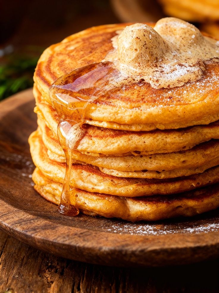 Gingerbread Pancakes Recipe - Easy Christmas Breakfast Recipes for Joyful Mornings Stack of fluffy pancakes with melting butter and syrup drizzle on a wooden plate, perfect breakfast treat. Christmas Breakfast Recipes