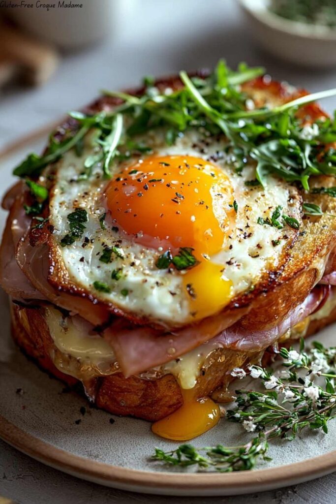 Gluten-Free Croque Madame _ RecipeCoo - Insider Tips for a Delicious, Gourmet Croque Madame Gluten-free Croque Madame topped with fried egg, arugula, and ham on a plate, garnished with herbs.